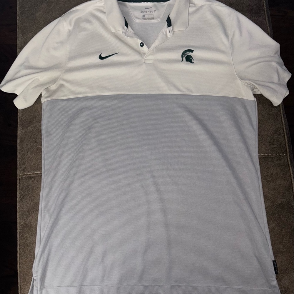 Nike White and Gray Men's Polo Shirt with Green Logo